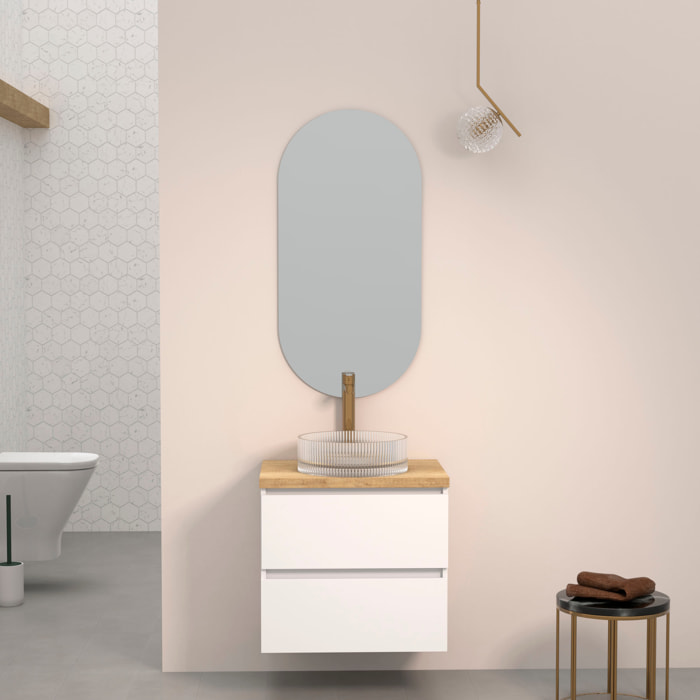 CONJUNTO DE BAÑO KUB | 60 CM BLANCO | DOS CAJONES | LAVABO DE CRISTAL | NO INCLUYE ESPEJO | MUEBLE MONTADO | ALDAY