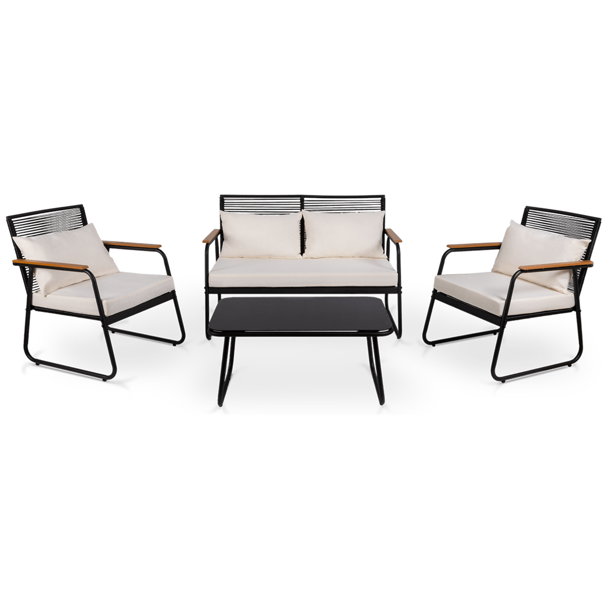 Conjunto de jardín 4 plazas, mesa centro+sofá+sillones de acero beige
