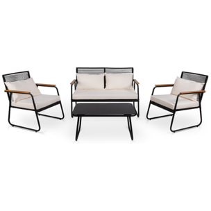 Conjunto de jardín 4 plazas, mesa centro+sofá+sillones de acero beige