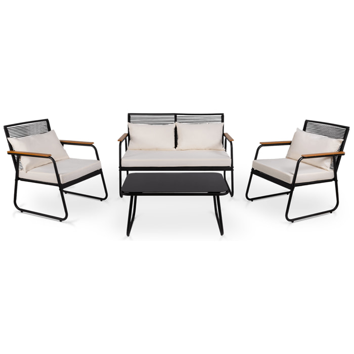 Conjunto de jardín 4 plazas, mesa centro+sofá+sillones de acero beige