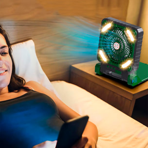 Ventilatore x99 solare LED ricaricabile con motore senza spazzole 9V, 16 LED (2W) e 4 velocità. Velocità dell'aria 4,5 m/s e fino a 2800 rpm. Funzione powerbank con doppia batteria da 2600 mAh.