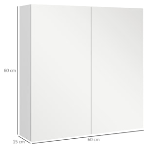 Armoire miroir de salle de bain armoire murale double portes et étagères dim. 60L x 15l x 60H cm MDF blanc