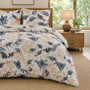 Parure housse de couette 100% percale de coton motif topical feuillage et oiseaux - Oizel