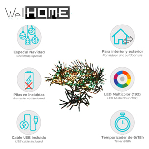 guirnalda de 192 luces led rojo, verde y blanco cálido con 8 funciones y temporizador - 1,4 metros