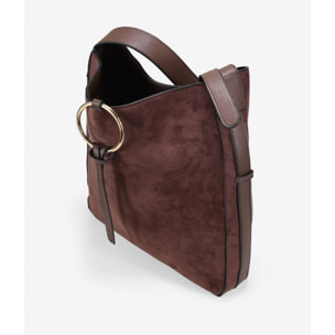 Bolso de hombro marrón en ante con argolla metálica