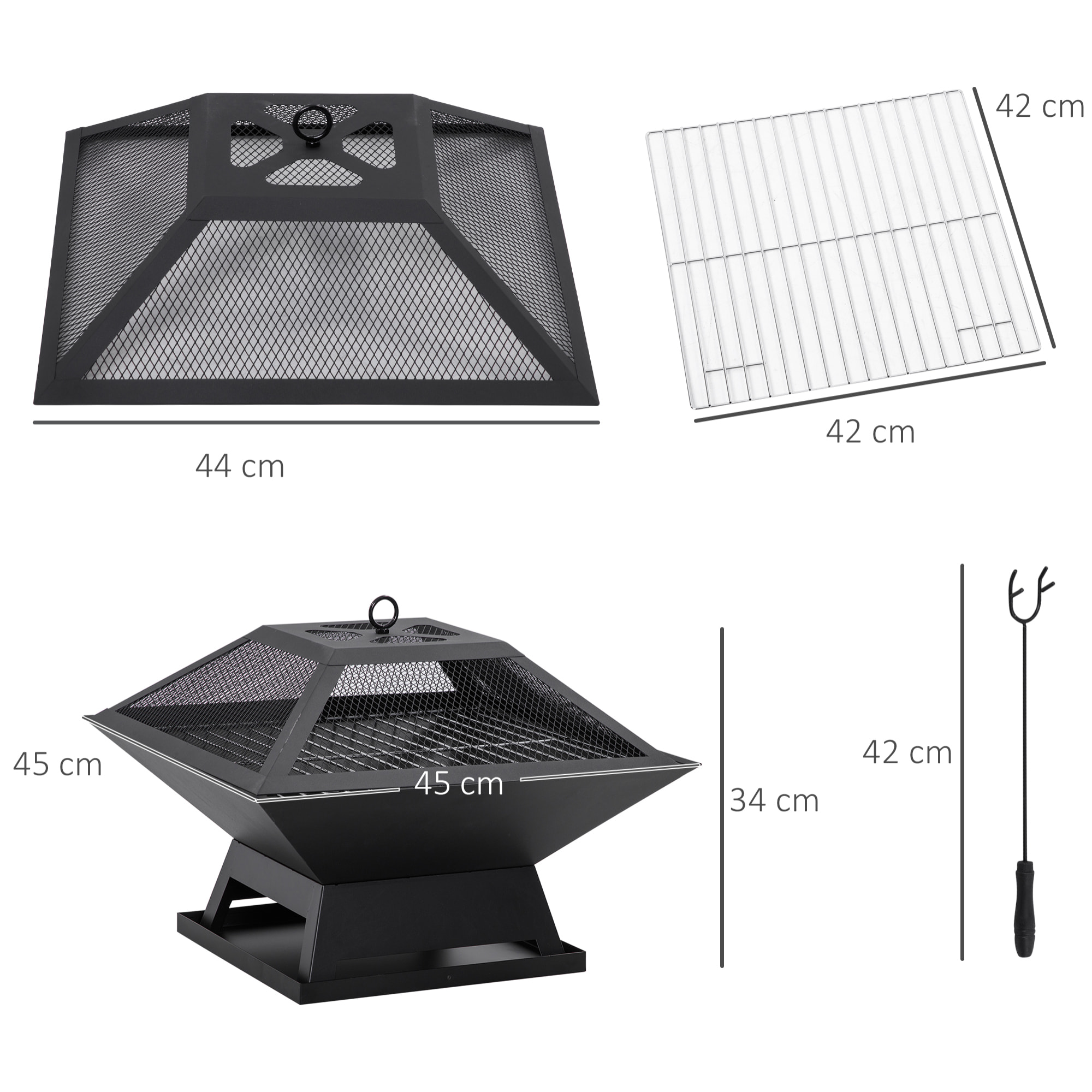 Brasero Exterior de Acero Pozo de Fuego para Jardín Multifuncional con Protector de Chispas y Atizador para Barbacoa Hogueras en Terraza Camping 45x45x34 cm Negro