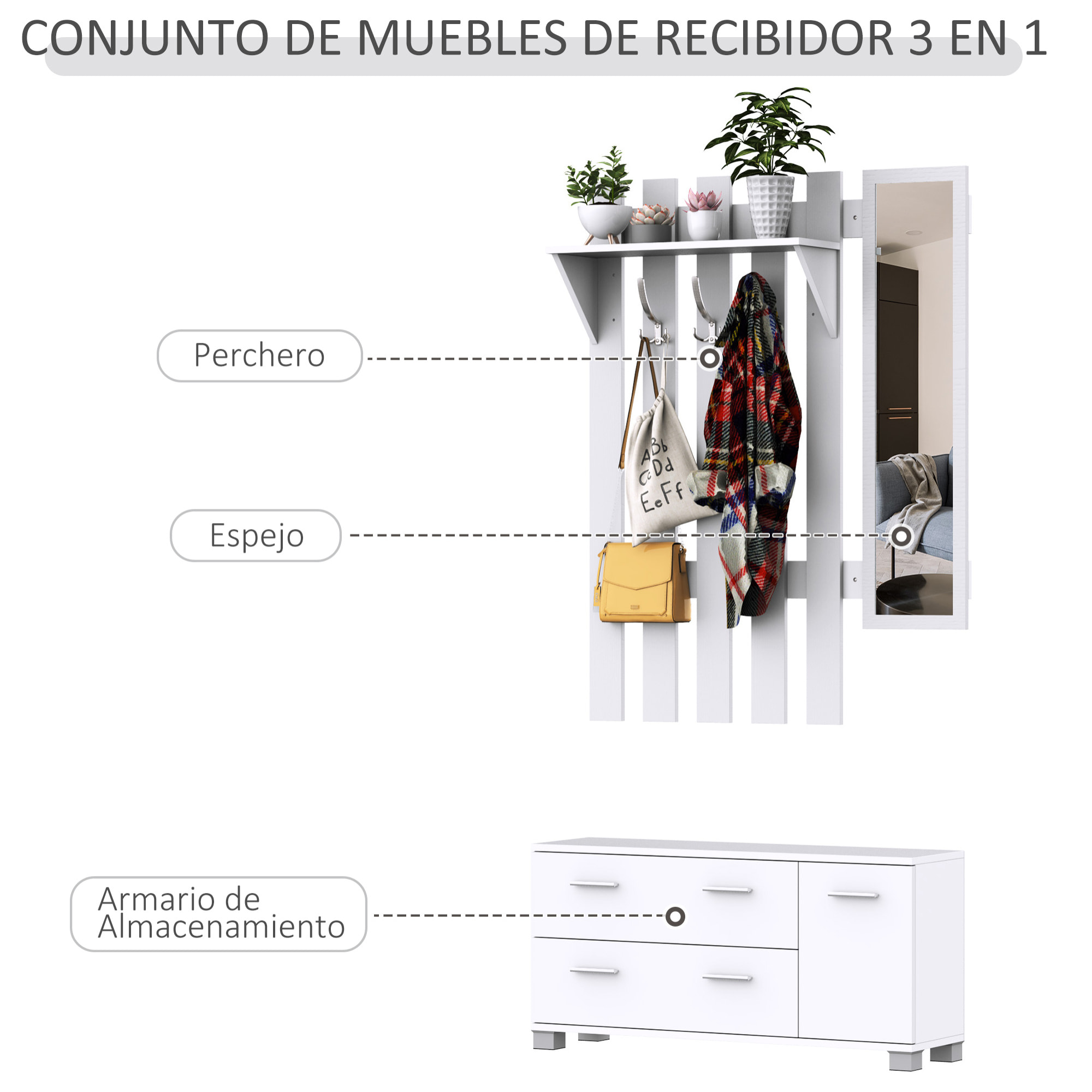Conjunto de Recibidor de Entrada con Espejo Perchero y Zapatero Muebles de Entrada con 3 Ganchos Estante y 2 Cajones para Pasillo Blanco