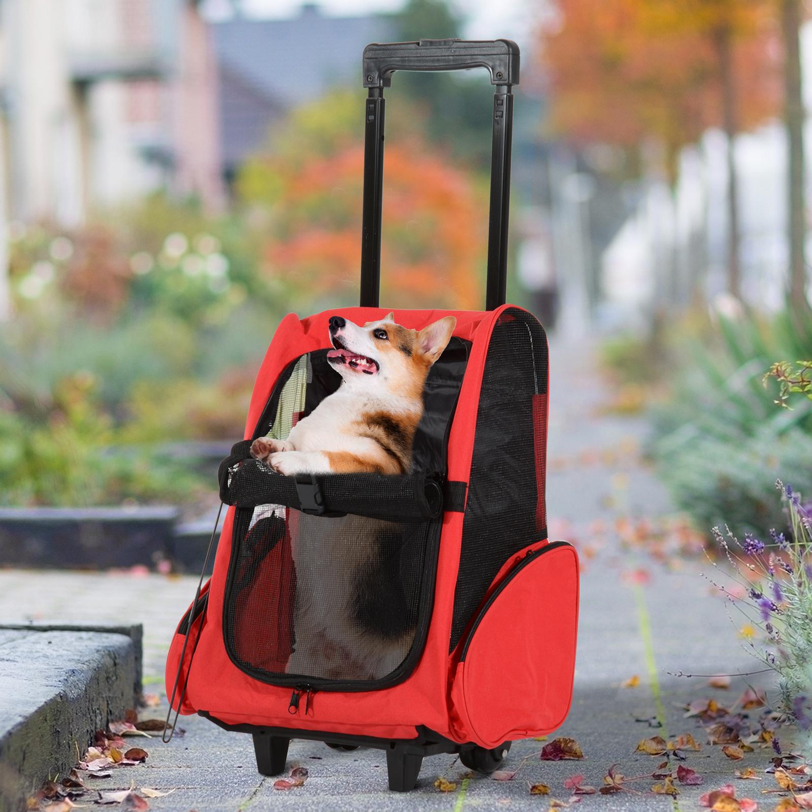 PawHut 2 en 1 trolley chariot sac à dos sac de transport à roulettes pour  chien chat portes en filet longueur de tige de traction réglable 33 x 27 x  42 cm gris