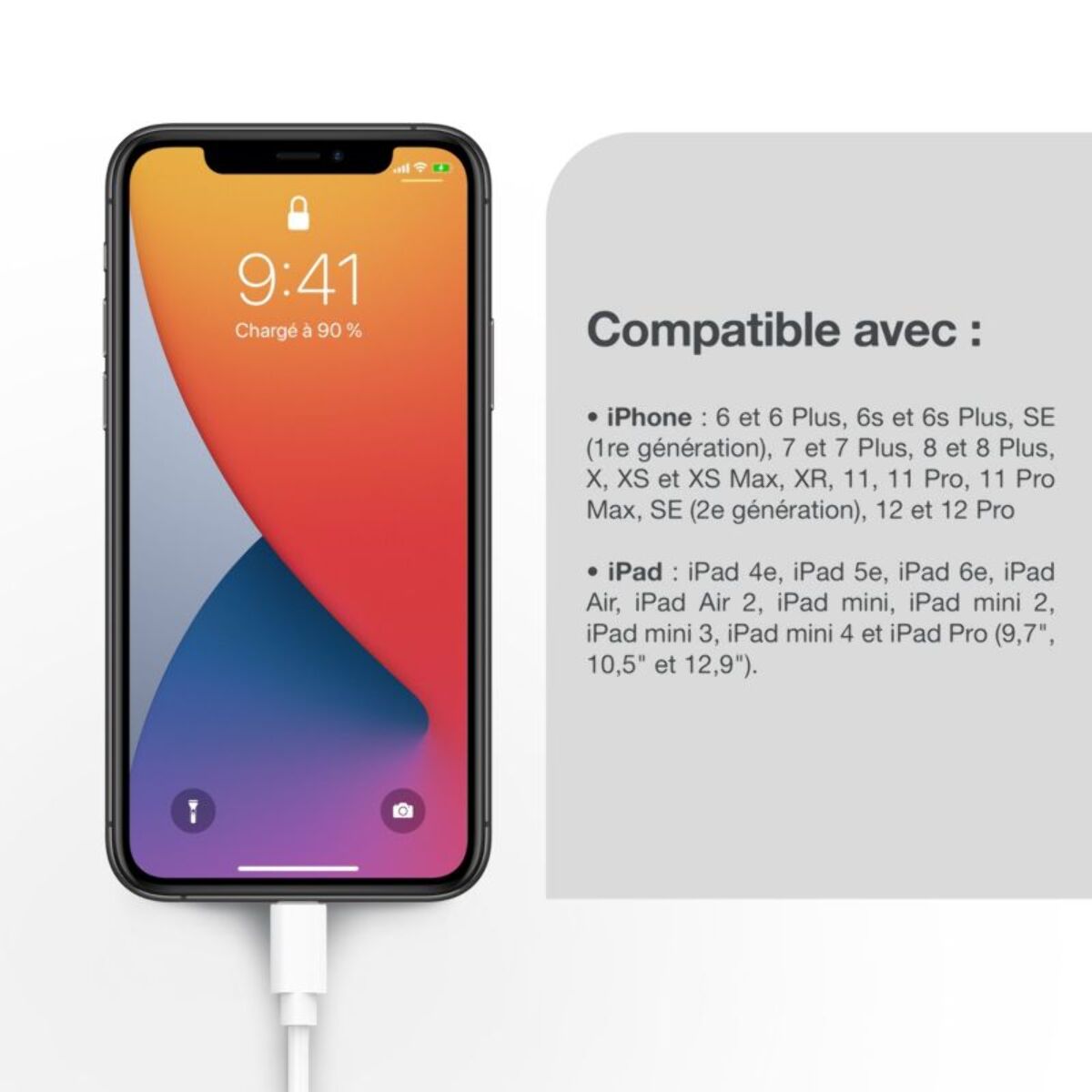 Câble Lightning ESSENTIELB vers USB 2M certifié Apple Blanc