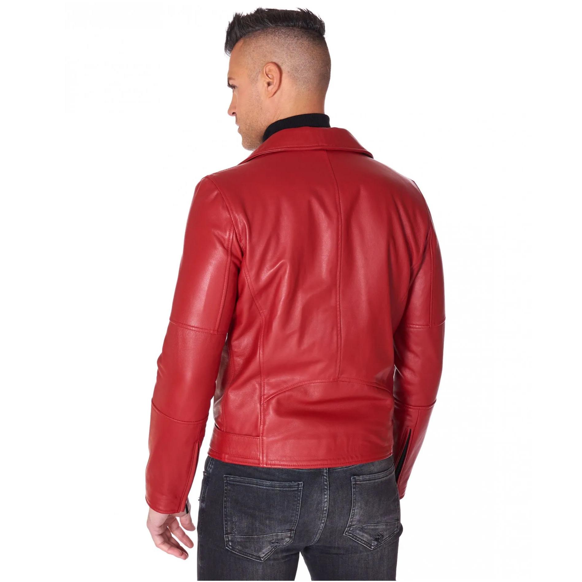 Chiodo biker in pelle rossa con cintura effetto liscio