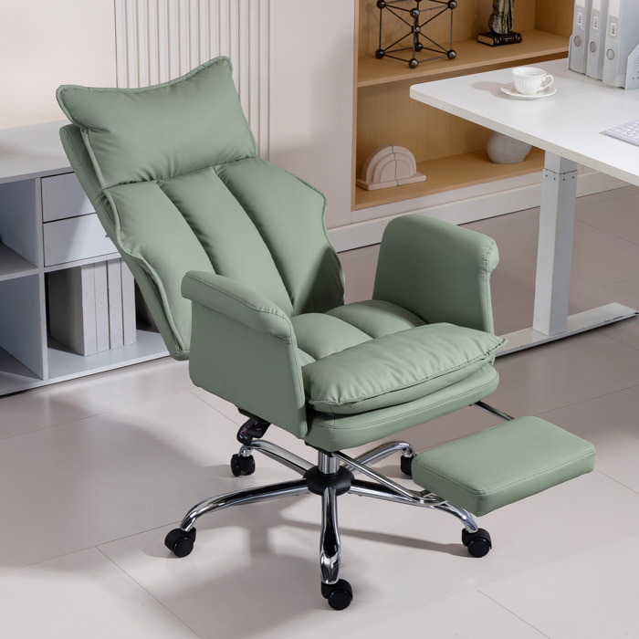 Silla de Escritorio con Reposapiés, Silla de Oficina Giratoria, con Respaldo Reclinable y Alto, Acolchado Grueso, Tapizada en Cuero Sintético, Soporte Lumbar, Altura Ajustable, Ruedas, Verde