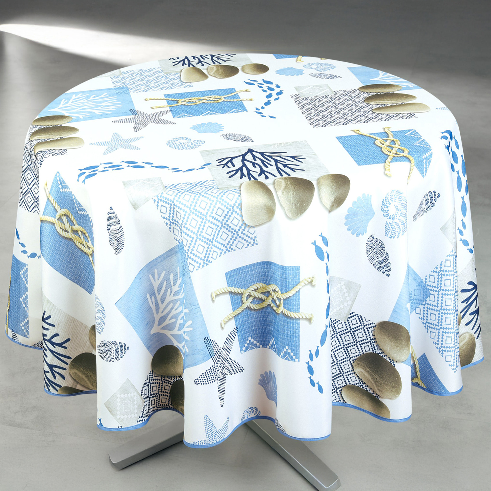 Nappe anti-tâche ronde motif bord de mer - Blanc