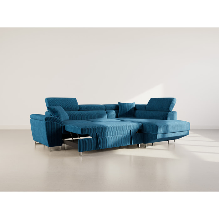 Baoji - Canapé d'angle droit 5 places convertible avec têtières et coffre en velours côtelé - Bleu