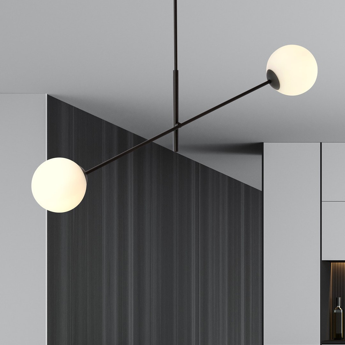 Lampada a sospensione LINEAR con struttura in acciaio nero e sfere in vetro