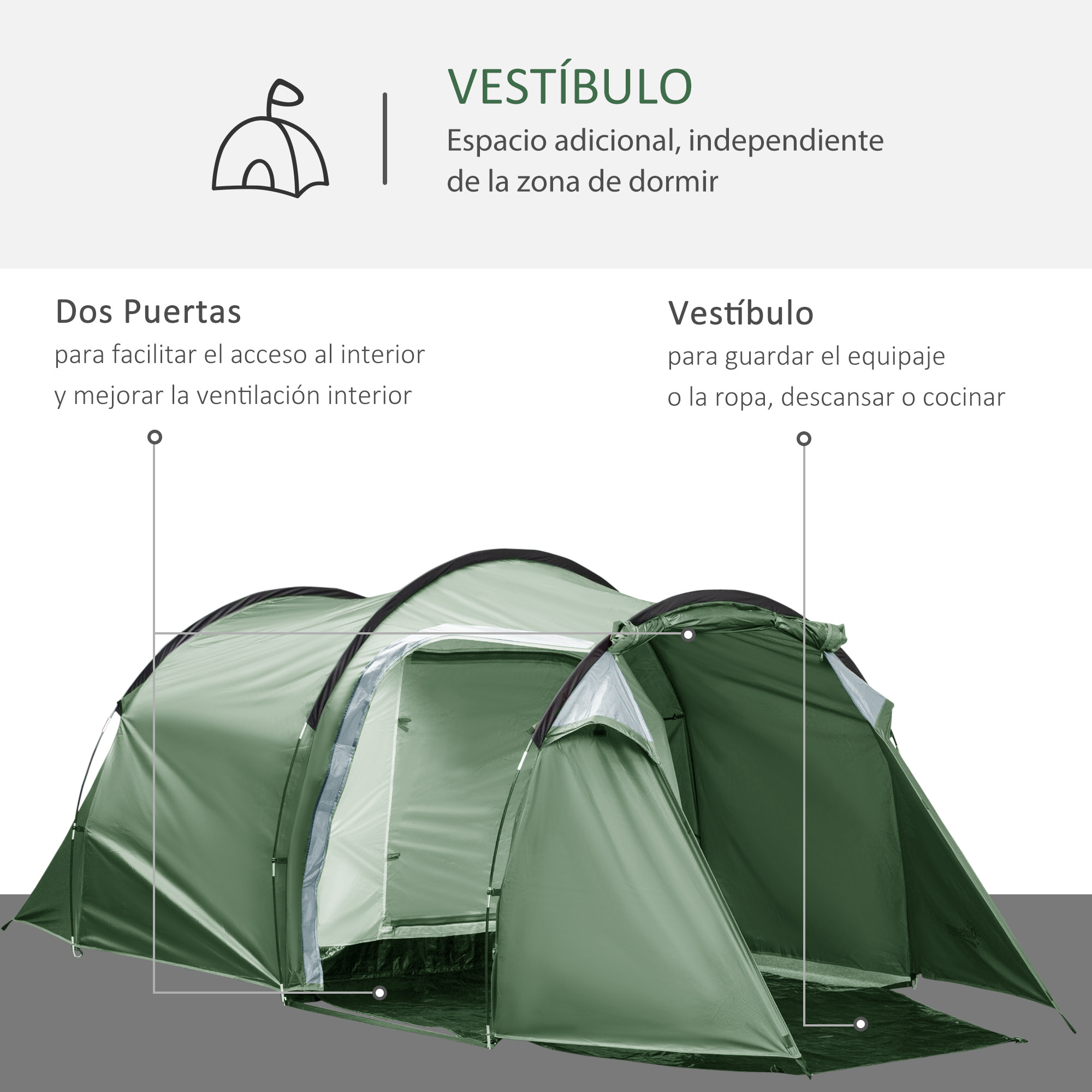 Tienda de Campaña Familiar 3-4 Personas Plegable Impermeable 2000+ con Vestíbulo