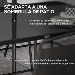 Conjunto de Muebles de Jardín 8 Piezas Juego de Comedor de Jardín con 6 Sillas Plegables Mesa de Comedor de Vidrio y Sombrilla Inclinable para Terraza Patio Negro