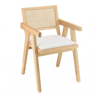 ALBANE - Fauteuil bois d'Hévéa assise tissu blanc dossier rotin naturel