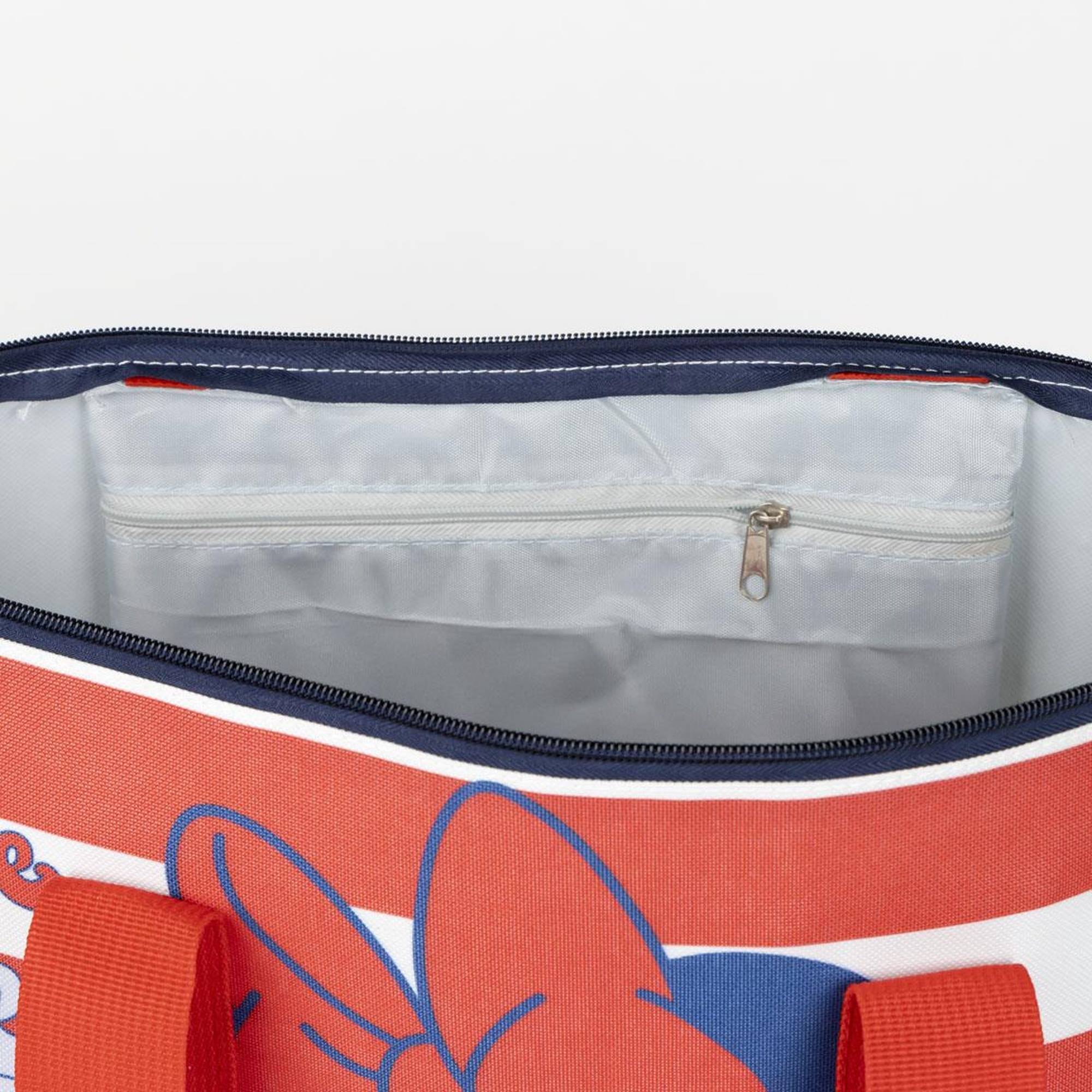 Bolsa de playa de minnie mouse - color rojo y blanco - 47x33x15cm - fabricada en poliéster - con cremallera - compartimento principal espacioso