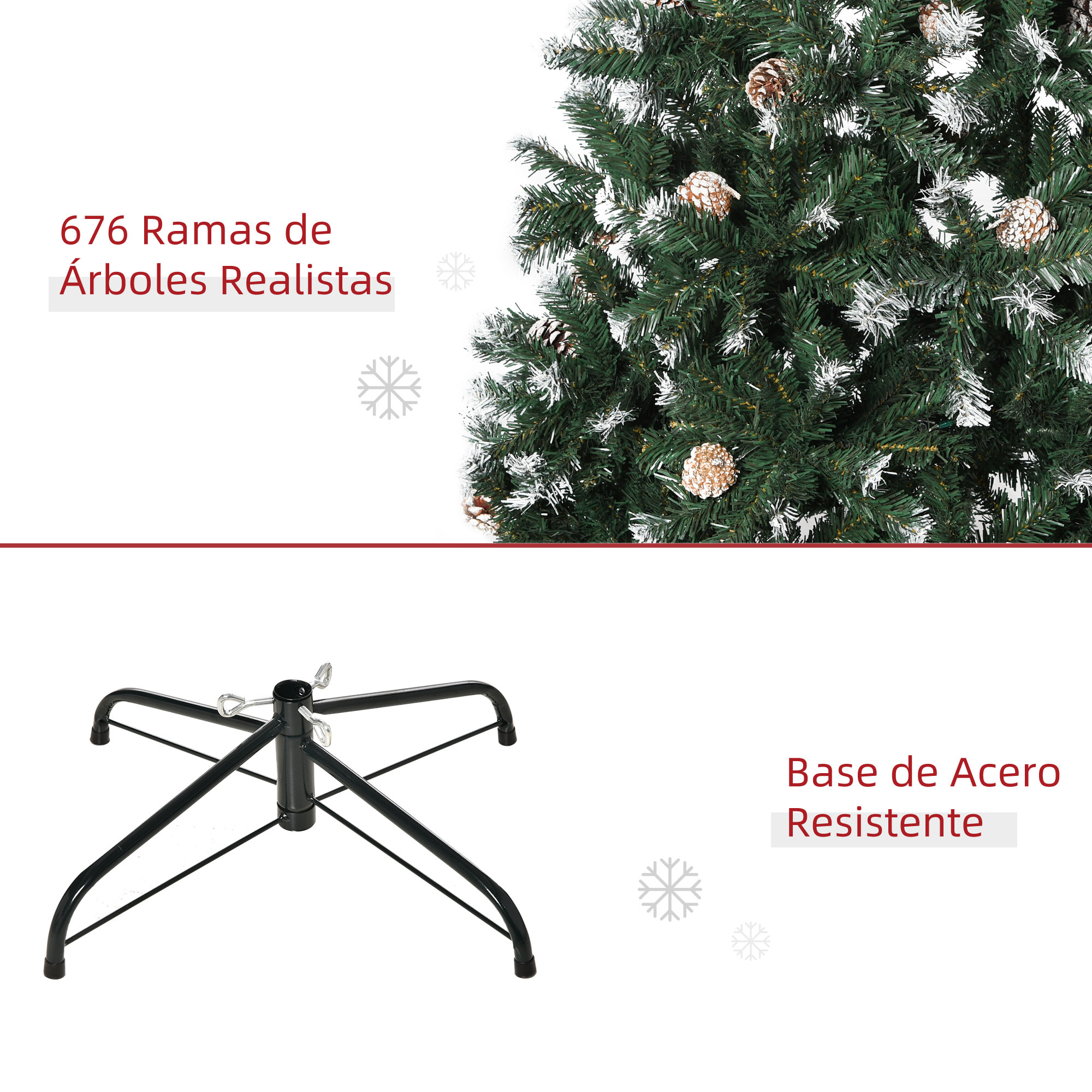 HOMCOM árbol de Navidad Artificial 150 cm con Nieve Ignífugo con 676 Ramas 41 Piñas Hojas de PVC Apertura Automática Base Plegable y Soporte Metálico Decoración Navideña para Interiores Verde