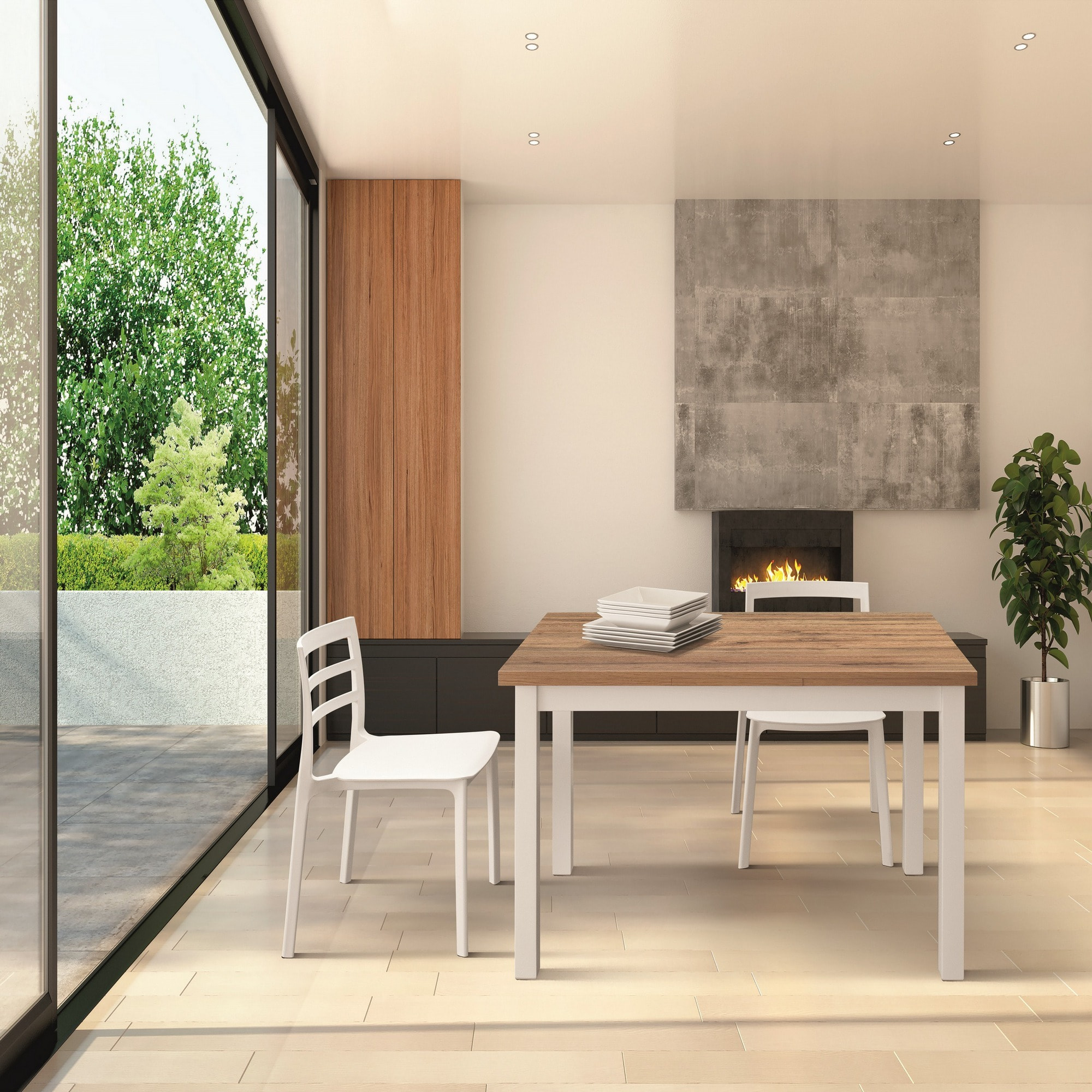 Tavolo POSITANO in legno effetto rovere e gambe bianche, allungabile 140X80 cm - 220x90 cm