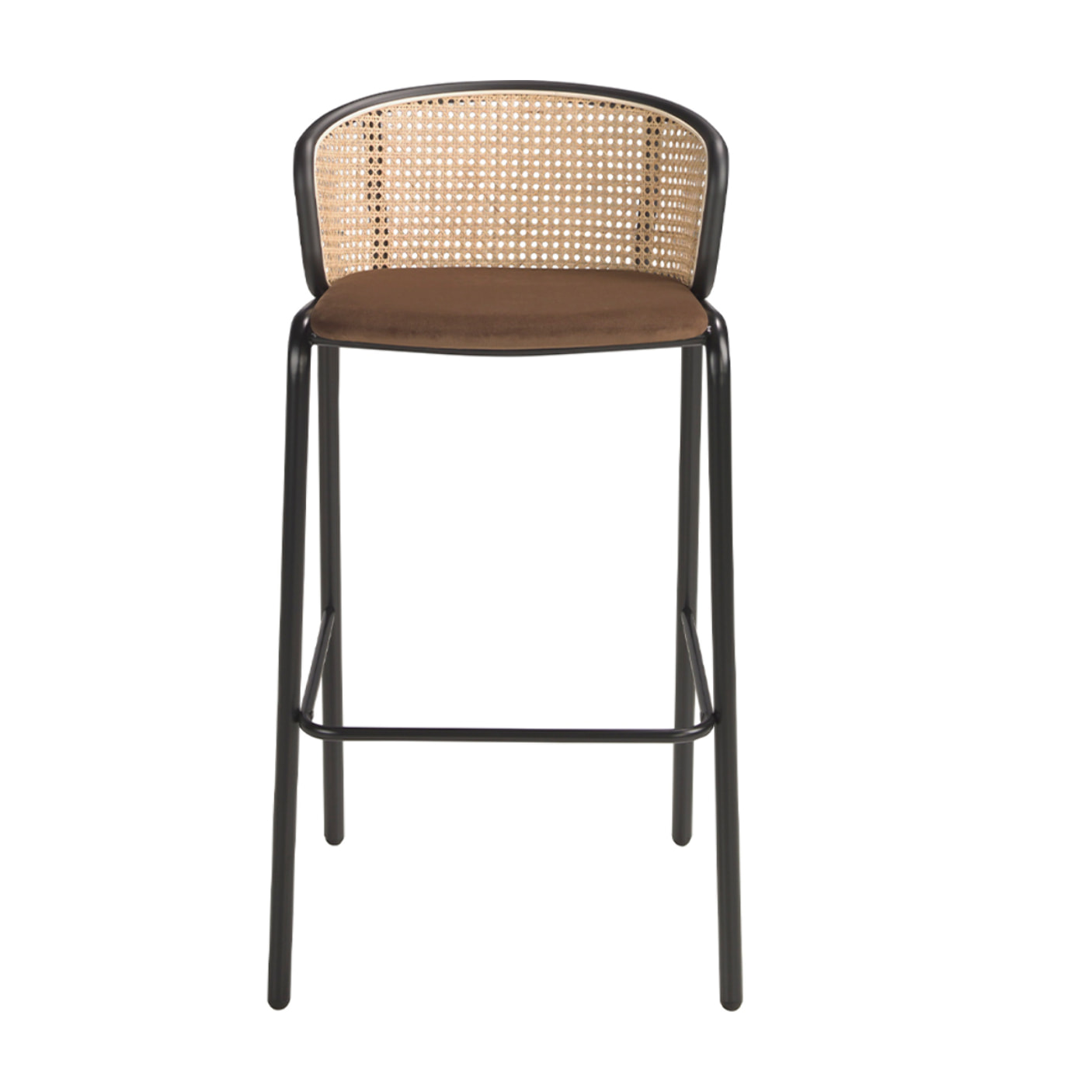 Taburete con reposabrazos tapizado en tela aterciopelada en marrón y respaldo de rattán en natural con estructura y patas en acero inoxidable negro 51x50x95cm