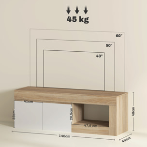 Mueble de TV Moderno, Mesa de TV para Salón con 2 Puertas, Estante Abierto, para Televisión 60 Pulgadas, 140x40x48 cm, Blanco y Natural