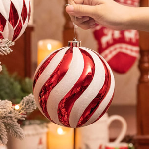 bola de navidad a rayas roja de 18 cm con acabado brillante