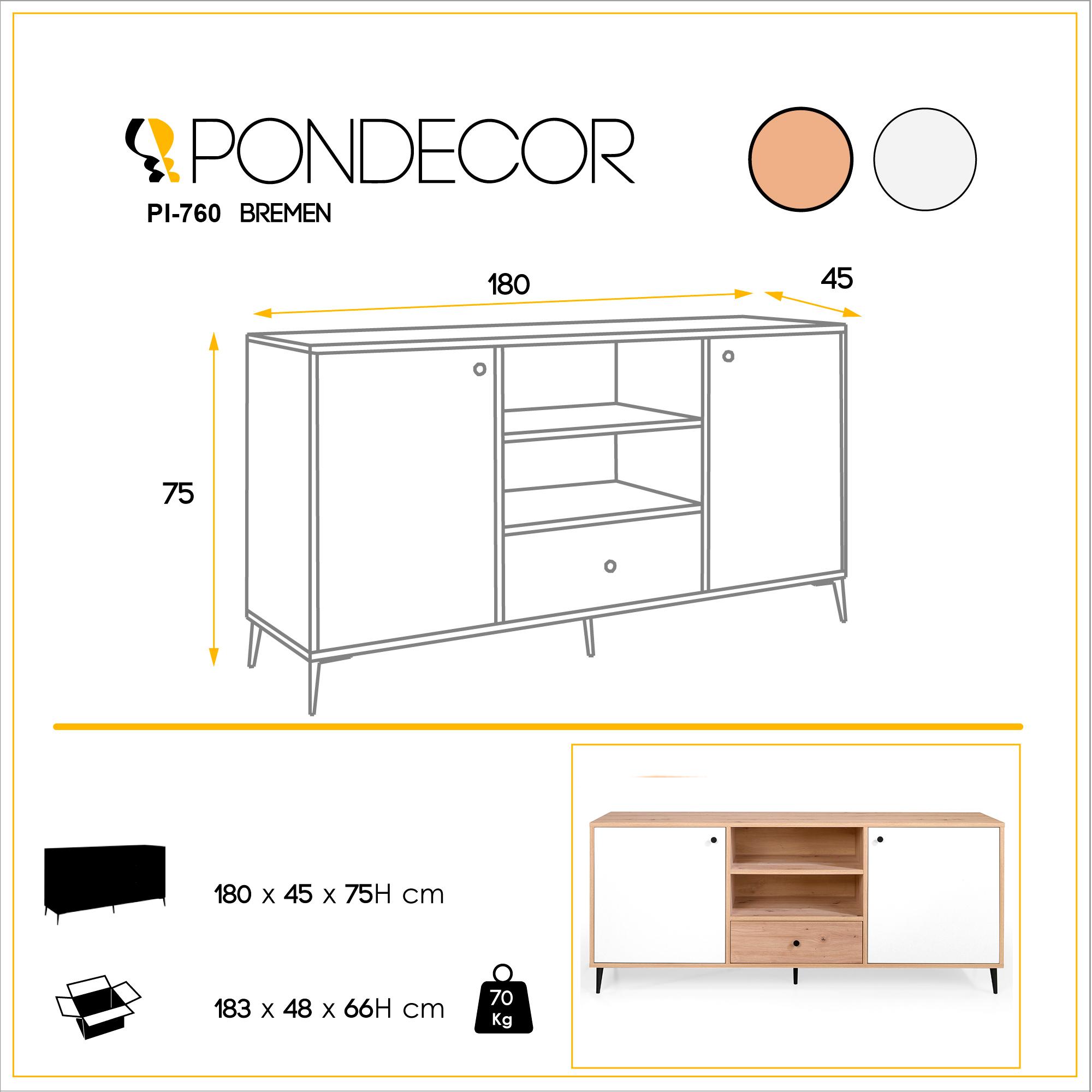 Aparador BREMEN - 2 puertas, 2 huecos y 1 cajón - roble y blanco polar - 180x45x75cm