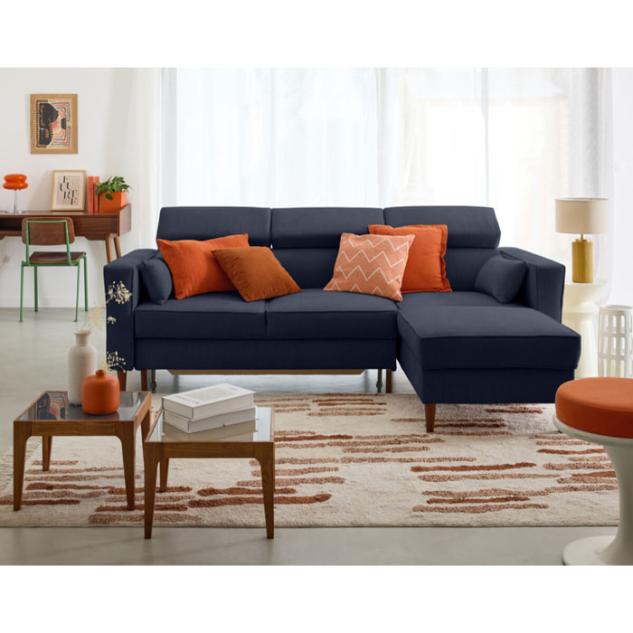 Alicante - canapé d'angle réversible convertible avec têtières - coffre - 4 places - en tissu texturé - Bleu marine