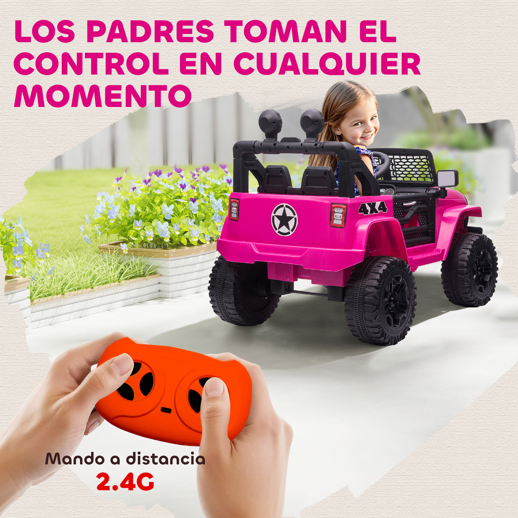 Coche Eléctrico para Niños 12V, Vehículo Todoterreno de Batería con 2 Motores, Control Remoto 2,4G, Velocidad hasta 5 km/h, Sistema de Suspensión, Faros, para Niños de +3 Años, Rosa