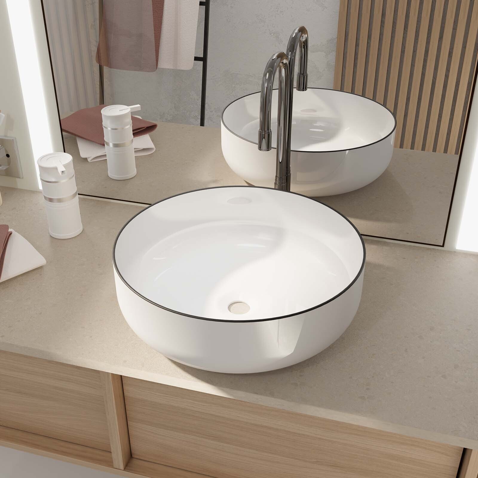 Vasque à poser ronde en céramique 42x14 cm - Blanc et liseré noir