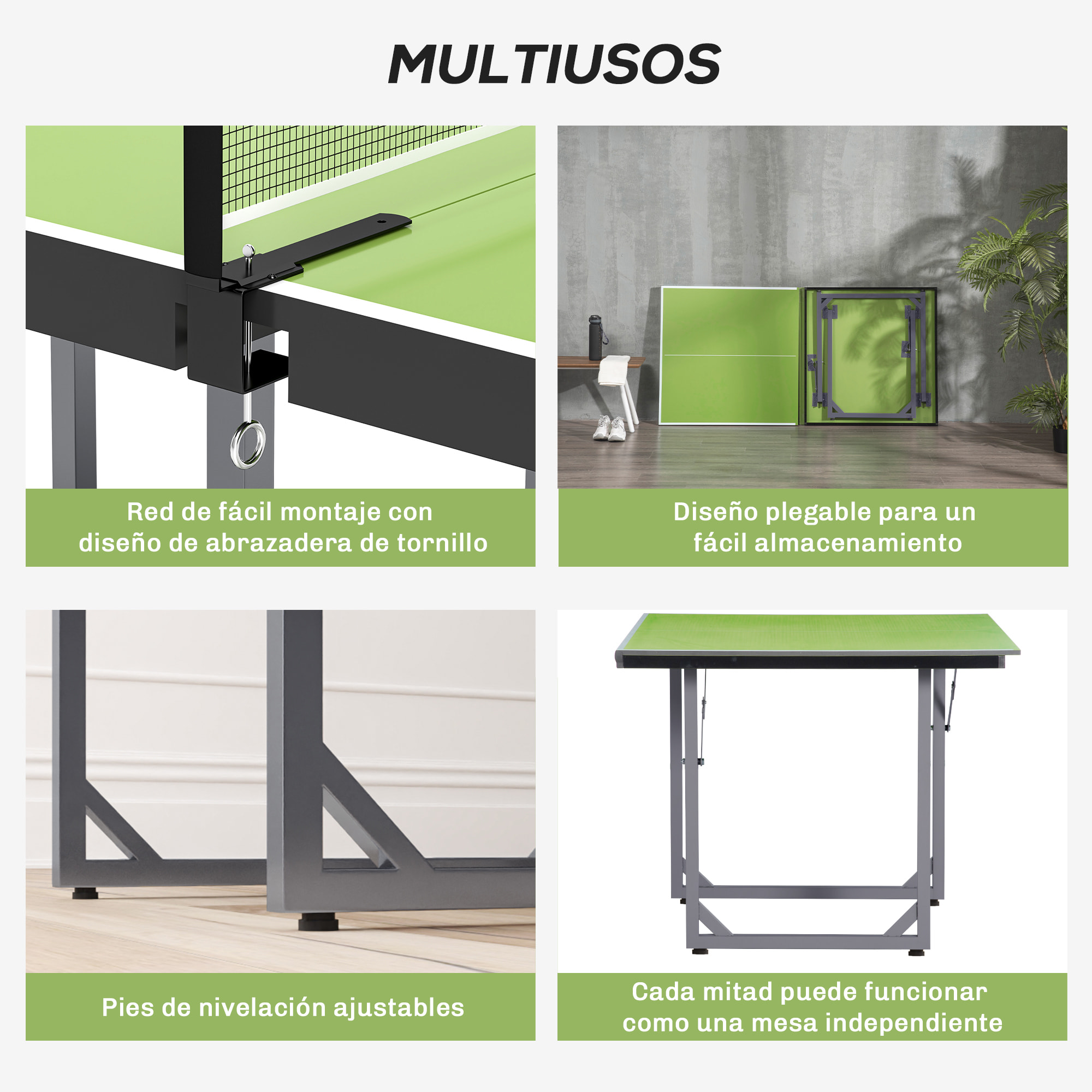 Mesa de Ping-Pong Plegable, 182x91cm, Fácil de Transportar, Resistente a la Intemperie, Estable, Mesa de Tenis con Red y Marco de Acero, para Interior y Exterior, Verde