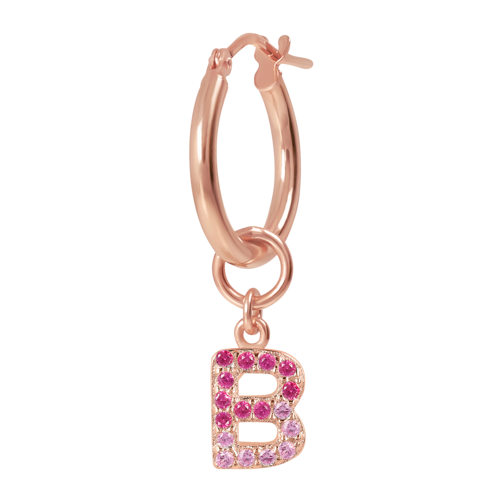 Orecchino a Cerchio con Ciondolo Lettera B in Pavé di Cubic Zirconia Rosa