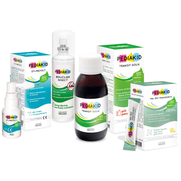 PEDIAKID Box Vacances - Spray Anti-Moustiques & Anti-Démangeaisons - Spray Nettoyant Oreille - Sirop Prébiotiques pour Transit Intestinal - Sticks contre Nausées & Vomissements