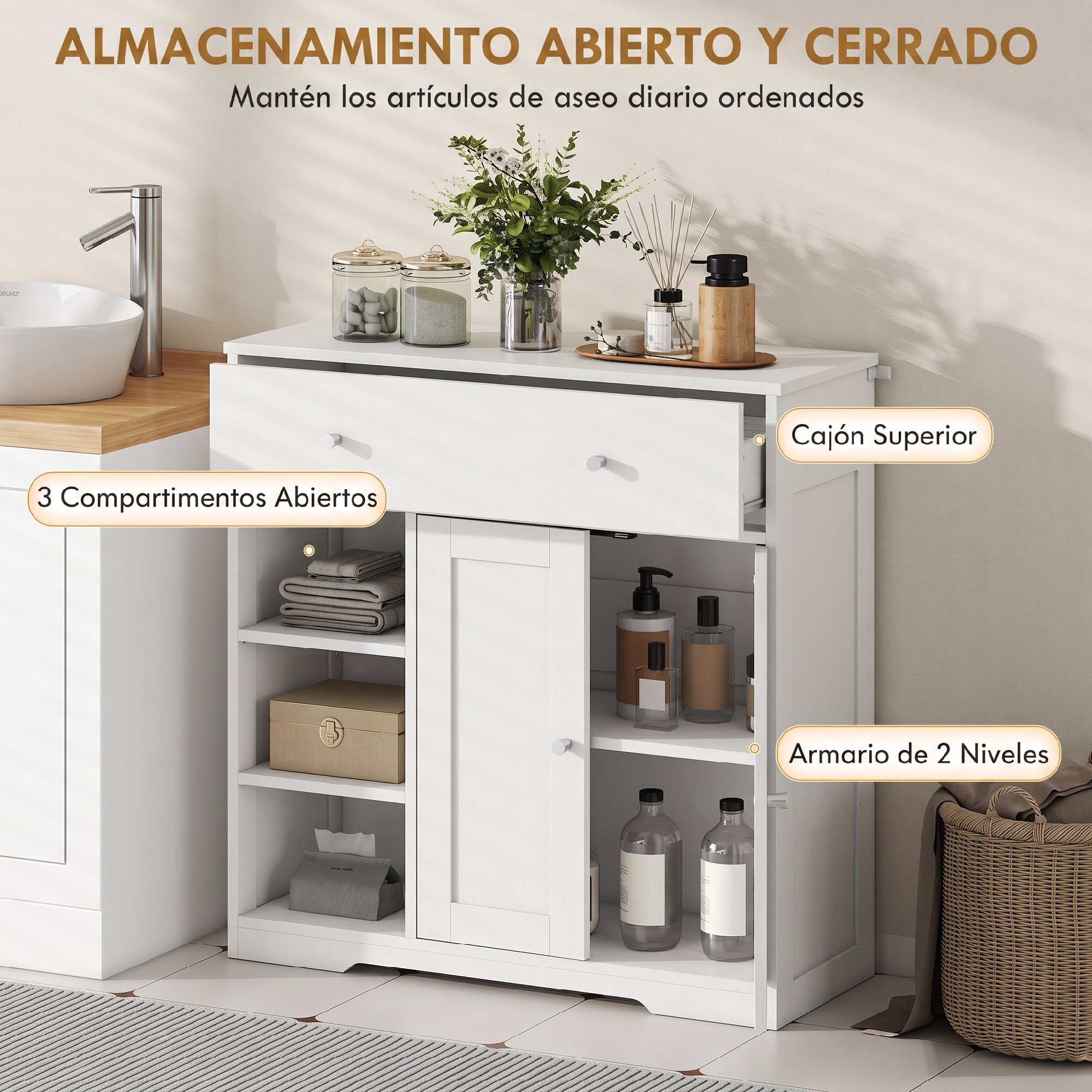 Armario de Baño Estrecho, Mueble Auxiliar de Baño con Cajón, 2 Puertas y 3 Estantes Abiertos, Ahorro Espacio, 80x30x80,2 cm, para Cocina, Salón o Despacho, Blanco Veteado