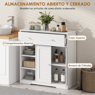 Armario de Baño Estrecho, Mueble Auxiliar de Baño con Cajón, 2 Puertas y 3 Estantes Abiertos, Ahorro Espacio, 80x30x80,2 cm, para Cocina, Salón o Despacho, Blanco Veteado