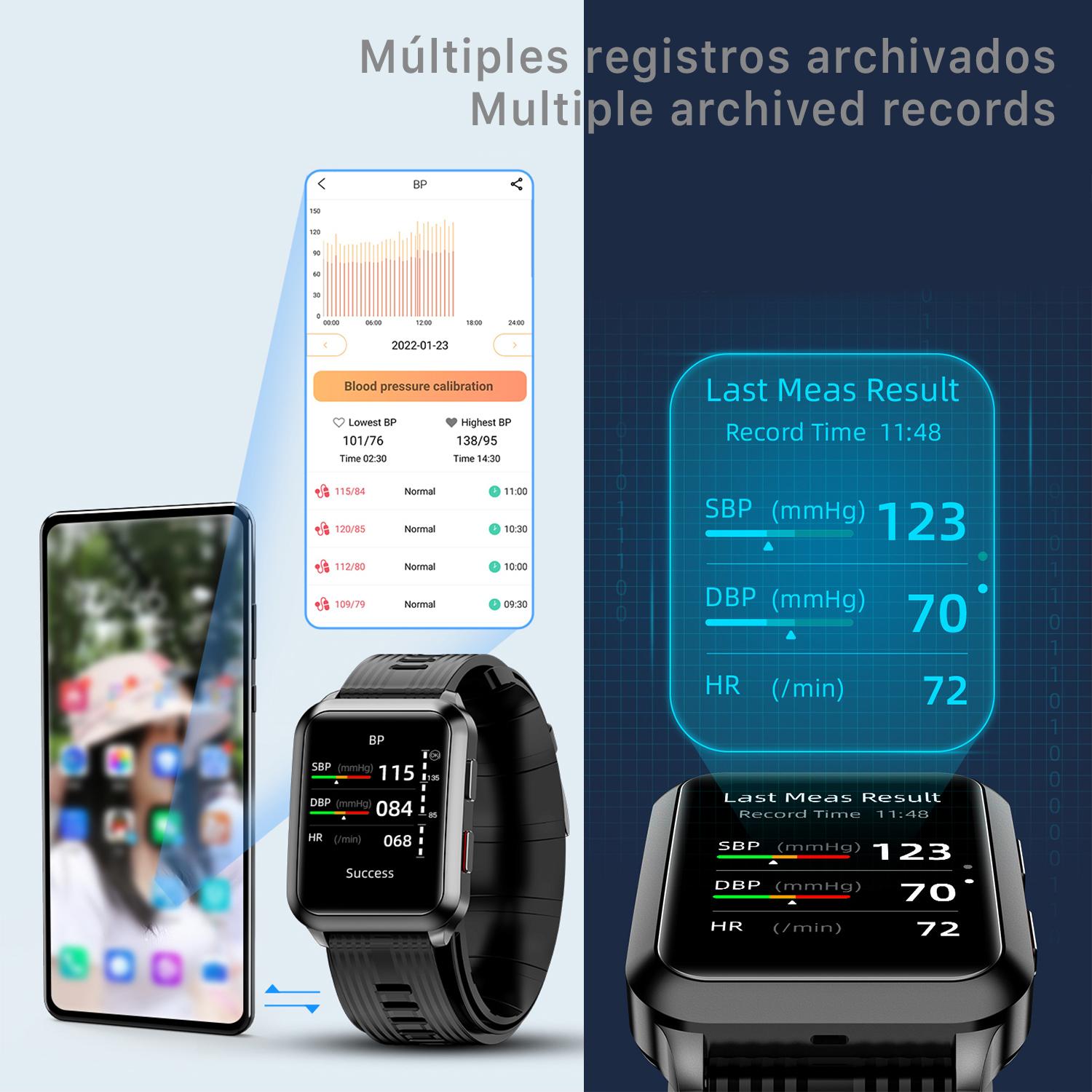 Smartwatch P60 con pompa ad aria e palloncino per il test della pressione sanguigna reale. Termometro corporeo, frequenza respiratoria.