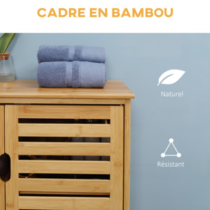 Meuble salle de bain bois bambou 2 portes 2 étagères dim. 60 x 30 x 120 cm naturel