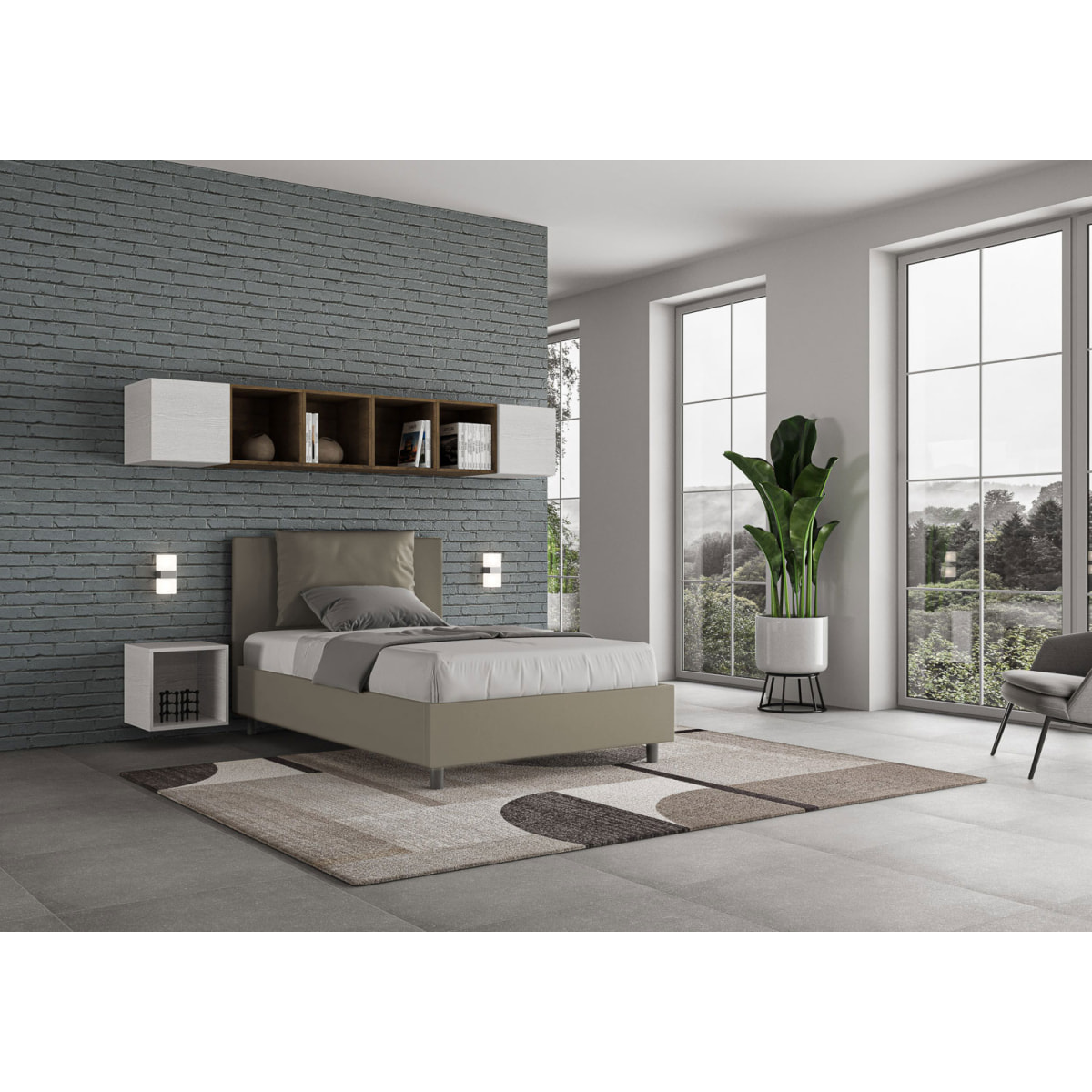 Letto una piazza e mezza contenitore imbottito 120x190 similpelle cappuccino Antea