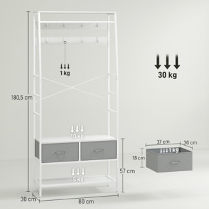Perchero Zapatero Perchero Entrada Recibidor con Zapatero 8 Ganchos 2 Cajones de Tela Barra Estante de Malla Estilo Industrial para Pasillo Dormitorio Salón 80x30x180,5 cm Blanco