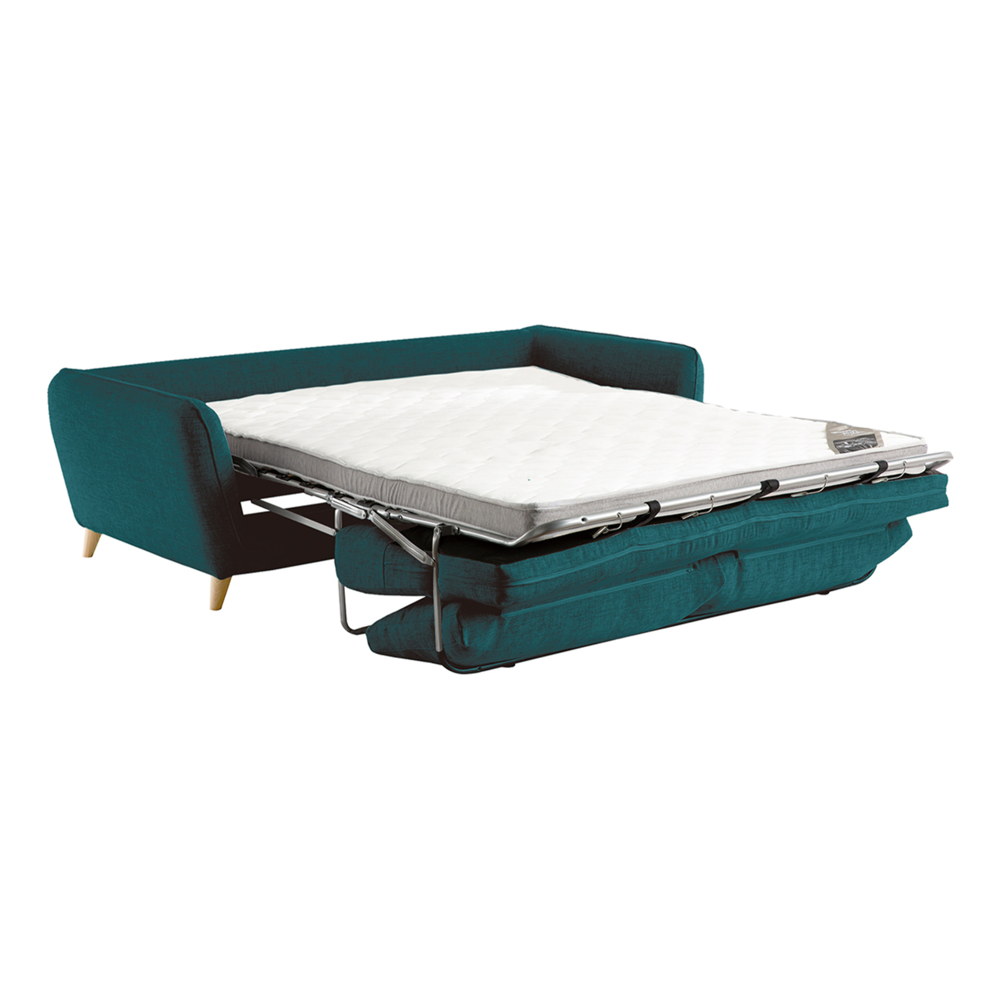 Canapé convertible scandinave 3 places en tissu bleu paon et bois clair avec matelas 10 cm CREEP