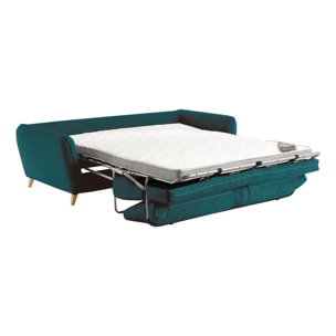 Canapé convertible scandinave 3 places en tissu bleu paon et bois clair avec matelas 10 cm CREEP