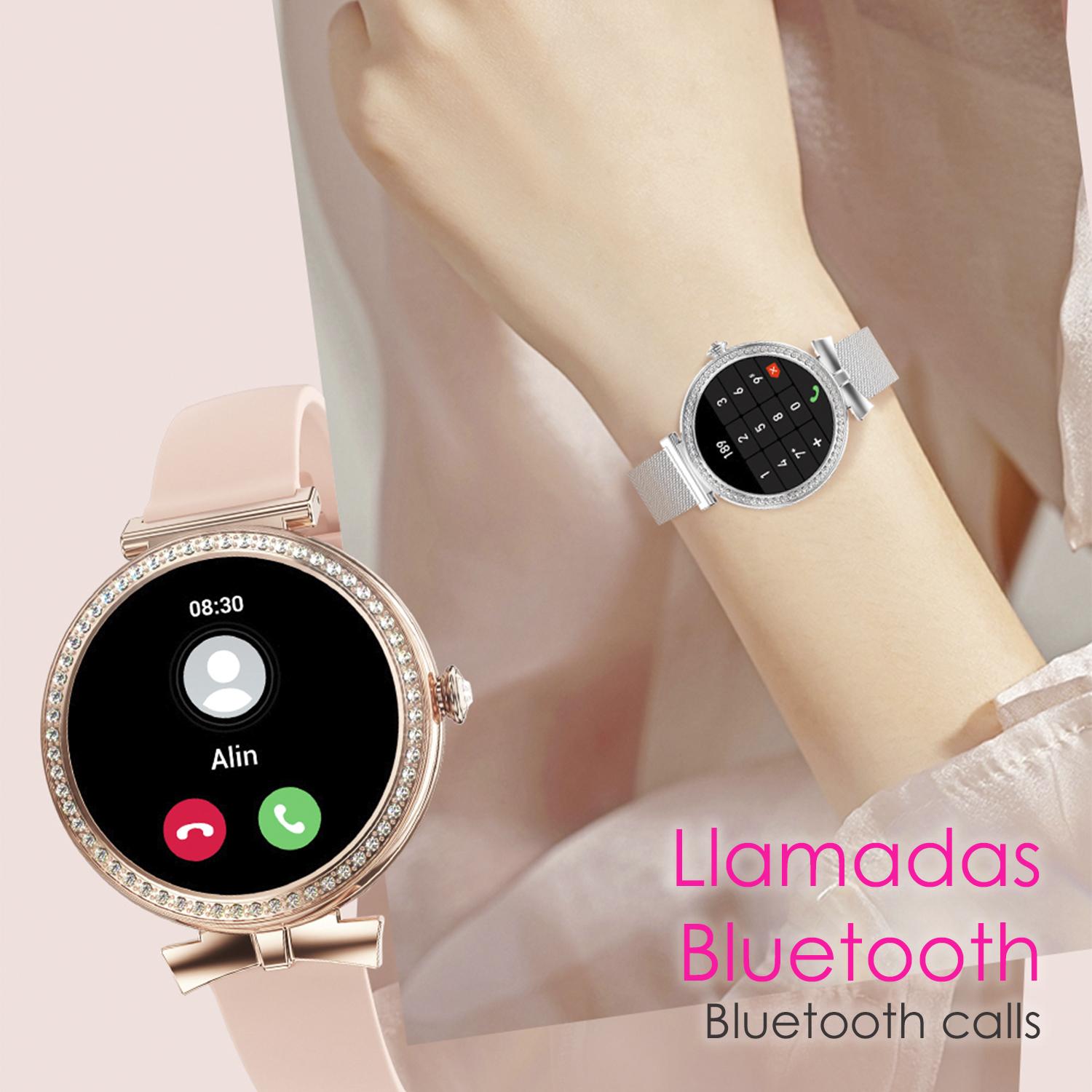 DAM Smartwatch QS01 compacto y elegante. Llamadas BT, notificaciones push. Monitor de salud, ciclos femeninos. Modos deportivos. 4,8x1,2x4,3 Cm. Color: Rosa