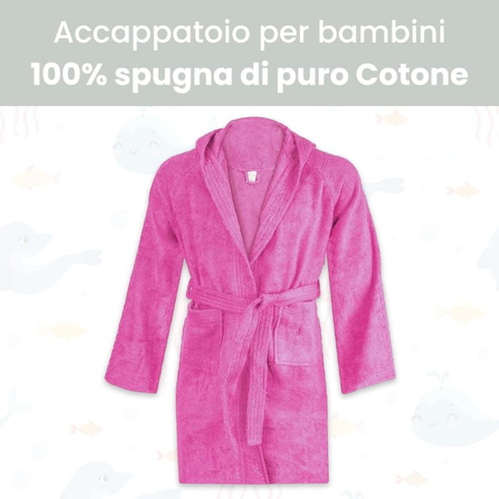 Accappatoio Bambino e Bambina, spugna di cotone, , Assorbente, Morbido, , Certificato Oeko-Tex. Fuxia