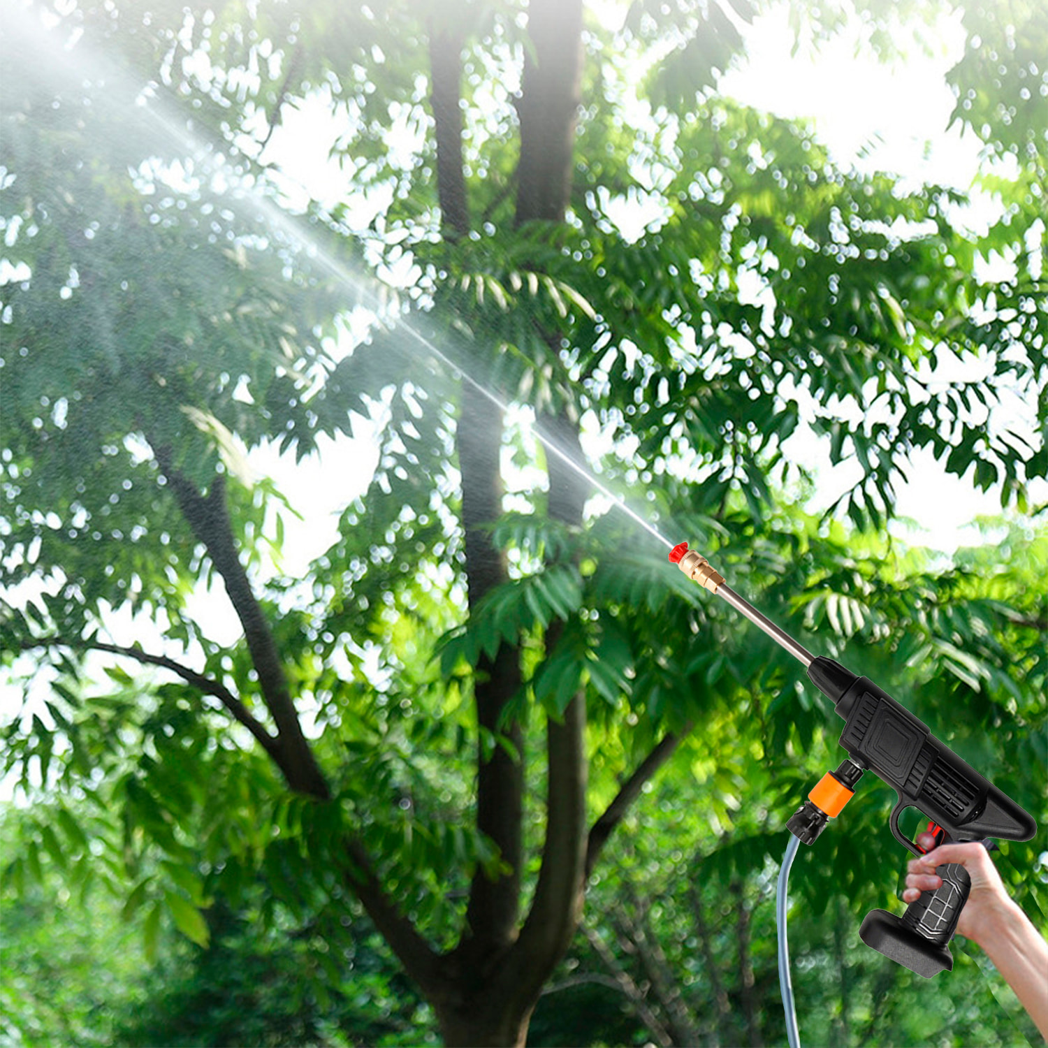 Pistola per lavaggio a pressione con batteria integrata da 12000 mAh, 3 adattatori di lavaggio diversi, potenza di 300W e 25 bar di pressione.