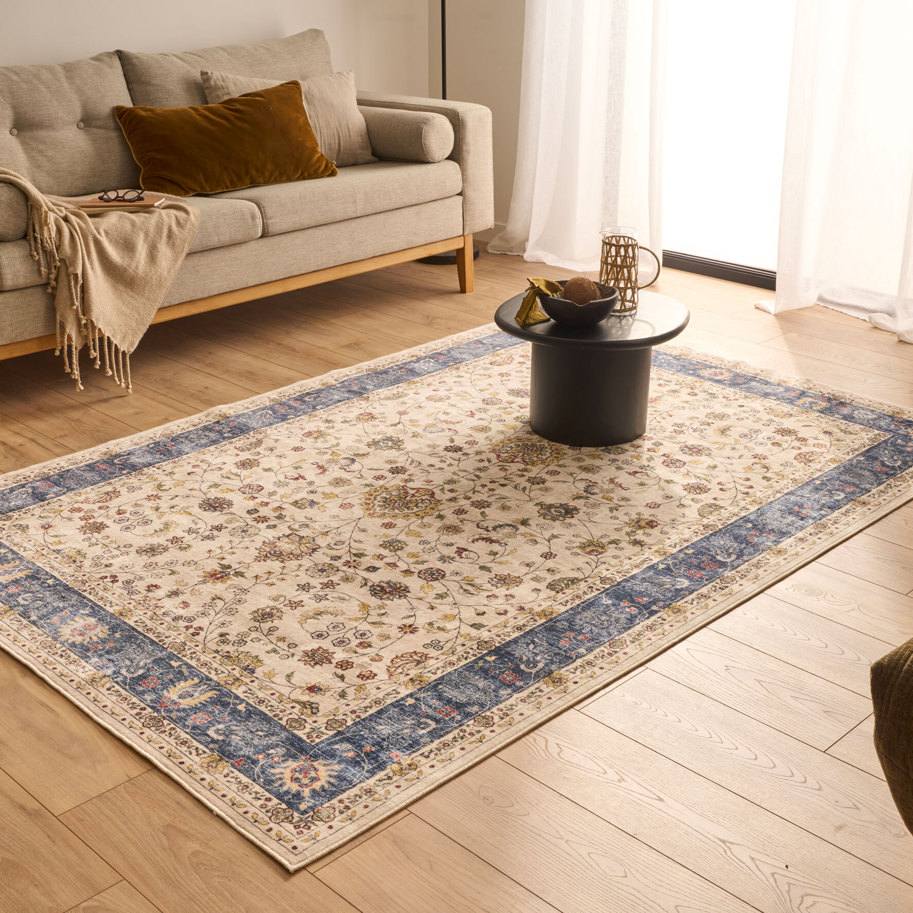 OTTOMAN - Tapis à poils courts doux à motif arabesque bleu