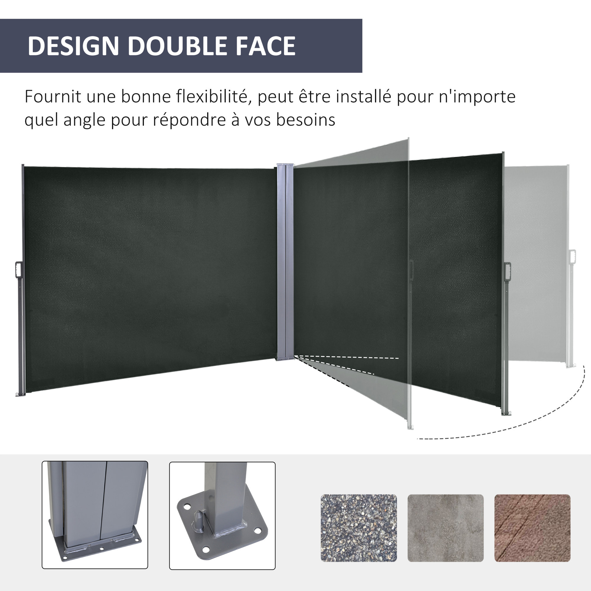 Double store latéral brise-vue paravent rétractable dim. 6L x 1,60H m polyester anti-UV haute densité gris