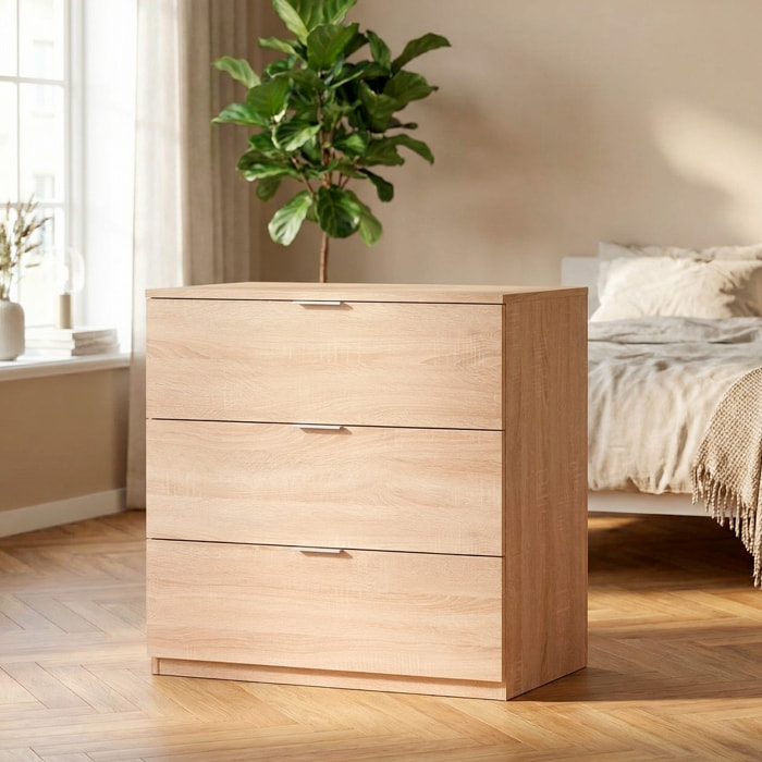 Cassettiera 3 Cassetti Comodino Senza Piedi Comò Mobile Camera da Letto Salvaspazio Design Minimal Moderno 77 x 38 x 80 Cm Rovere Canadese