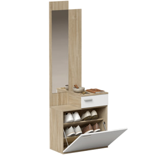 HOMCOM Recibidor de Entrada con Espejo y Zapatero Abatible, Mueble Recibidor de 2 Piezas con Asiento, Cajón, Mesa Pequeña para Pasillo, 61x30x170 cm, Blanco