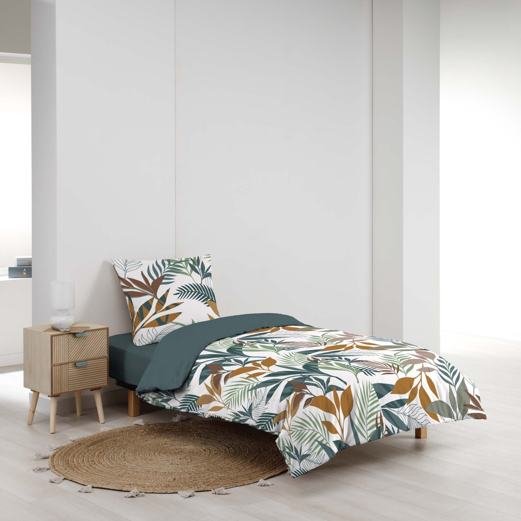 Parure de lit 2 pièces 100% coton à motifs végétaux housse + taie - Bleu